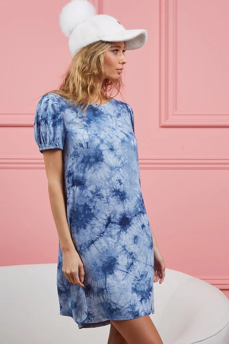 Tie Dye Puff Sleeve Dress with Pockets in Navy view 8