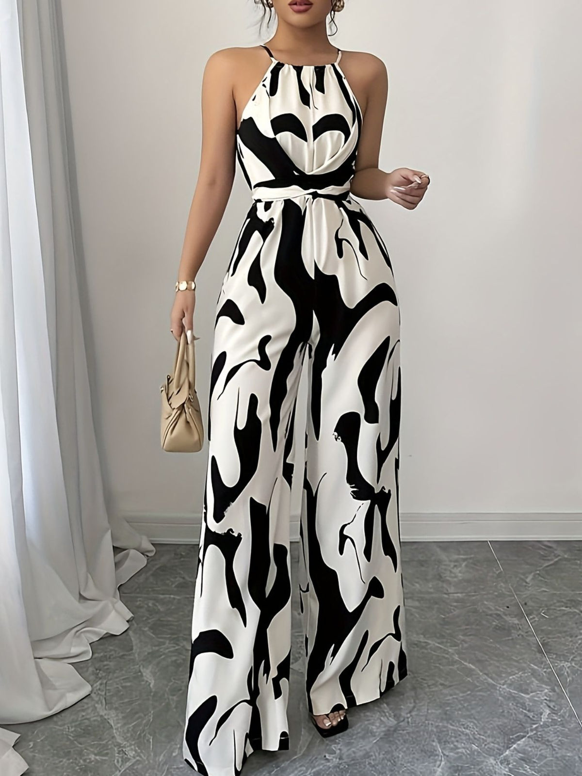 Side view of sleeveless wide leg jumpsuit