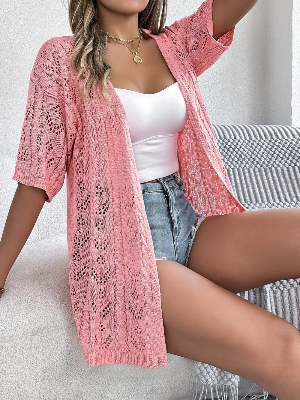 Openwork open front half sleeve cardigan front view