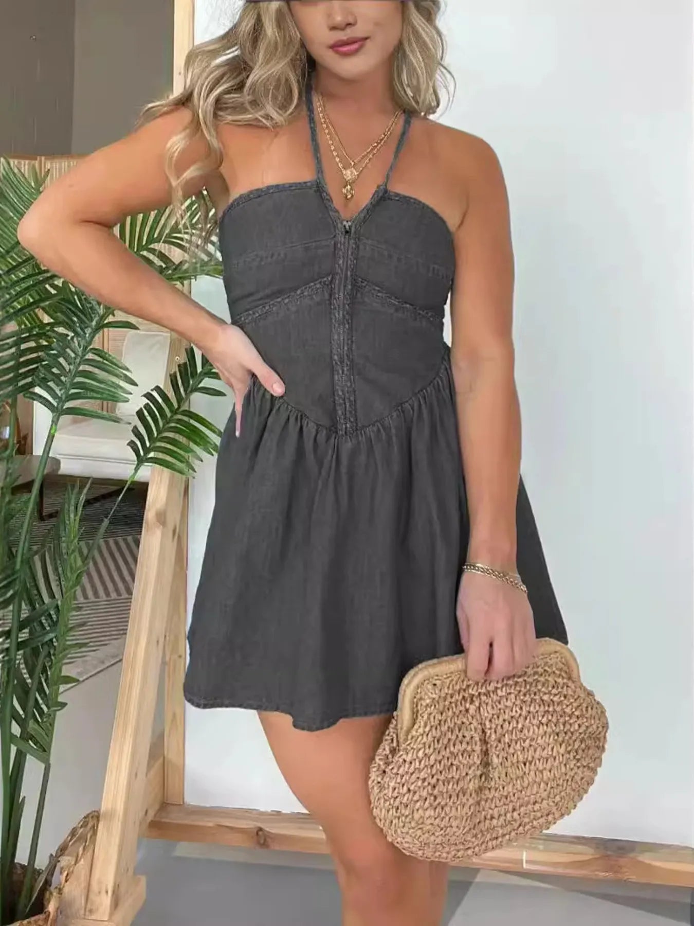 Full Size Lace Up Halter Neck Denim Dress Plus Size Black - Fashorio