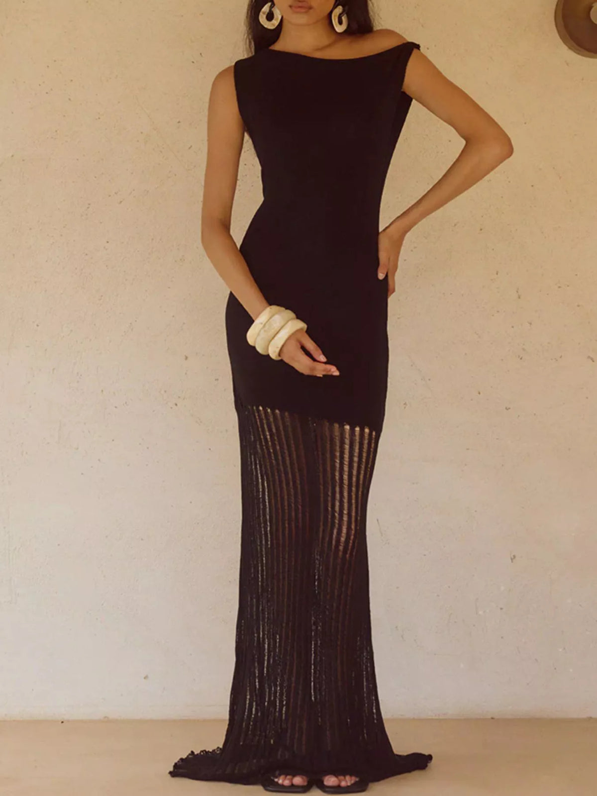 One Shoulder Fringe Maxi Dress full length view