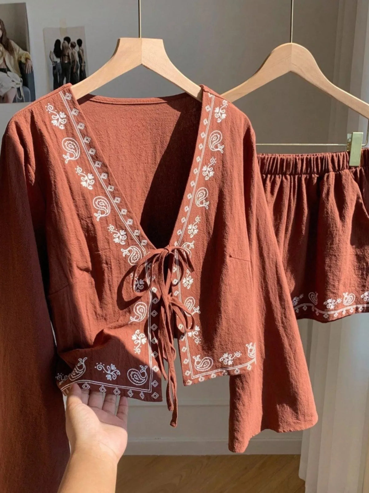 Embroidered tie front top and shorts coordinated set