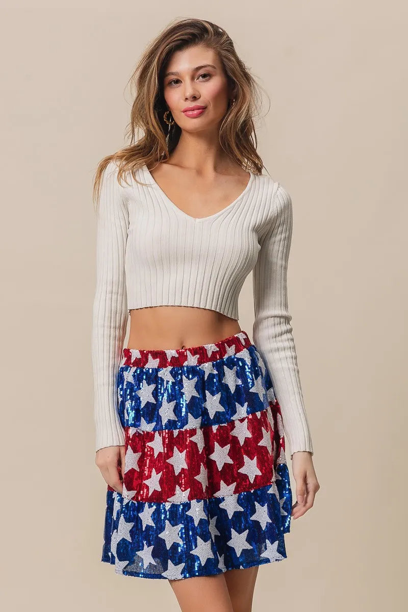 BiBi American Flag Theme Star Sequin Tiered Skirt - Fashorio