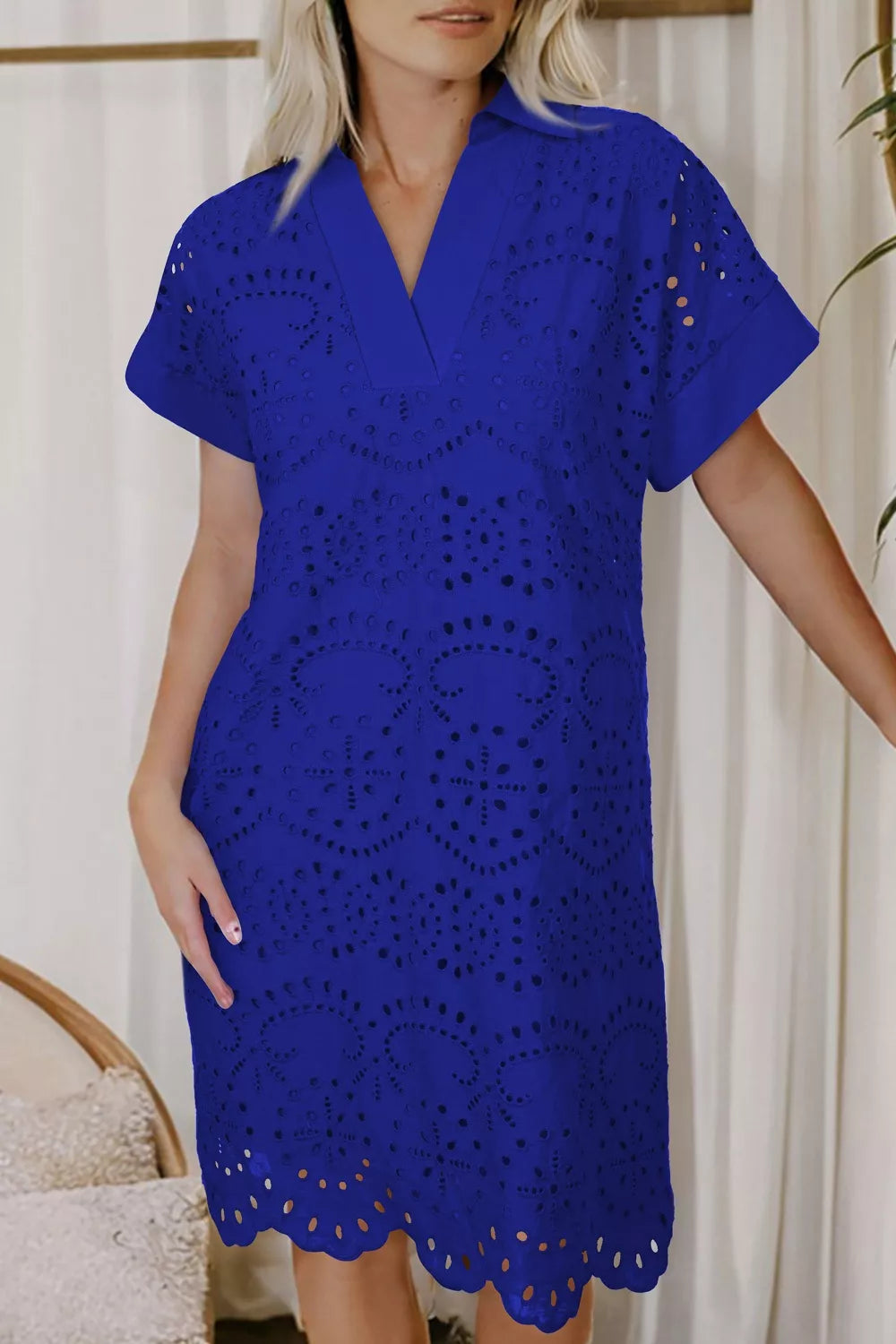 Royal blue eyelet embroidered mini dress back view