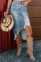 Distressed Asymmetrical Denim Skirt with Frayed Hem Light Blue - Fashorio