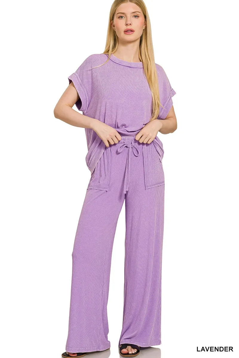 Zenana Ribbed Acid Wash Rayon Top & Pants Set LAVENDER - Fashorio