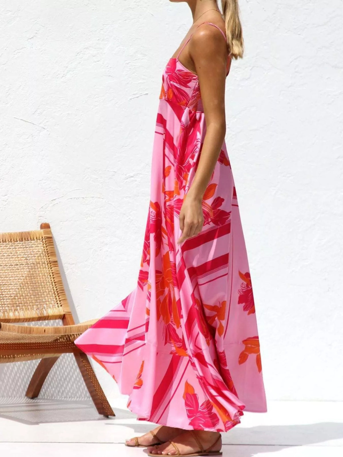 printed spaghetti strap maxi dress fabric detail