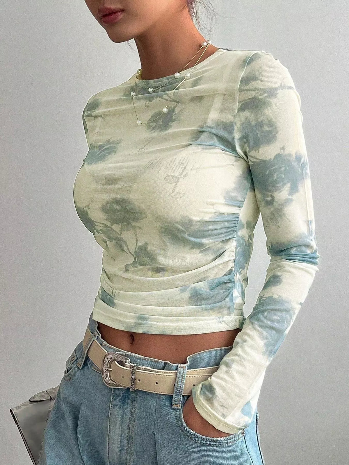 Green floral sheer mesh long sleeve tee mesh detail