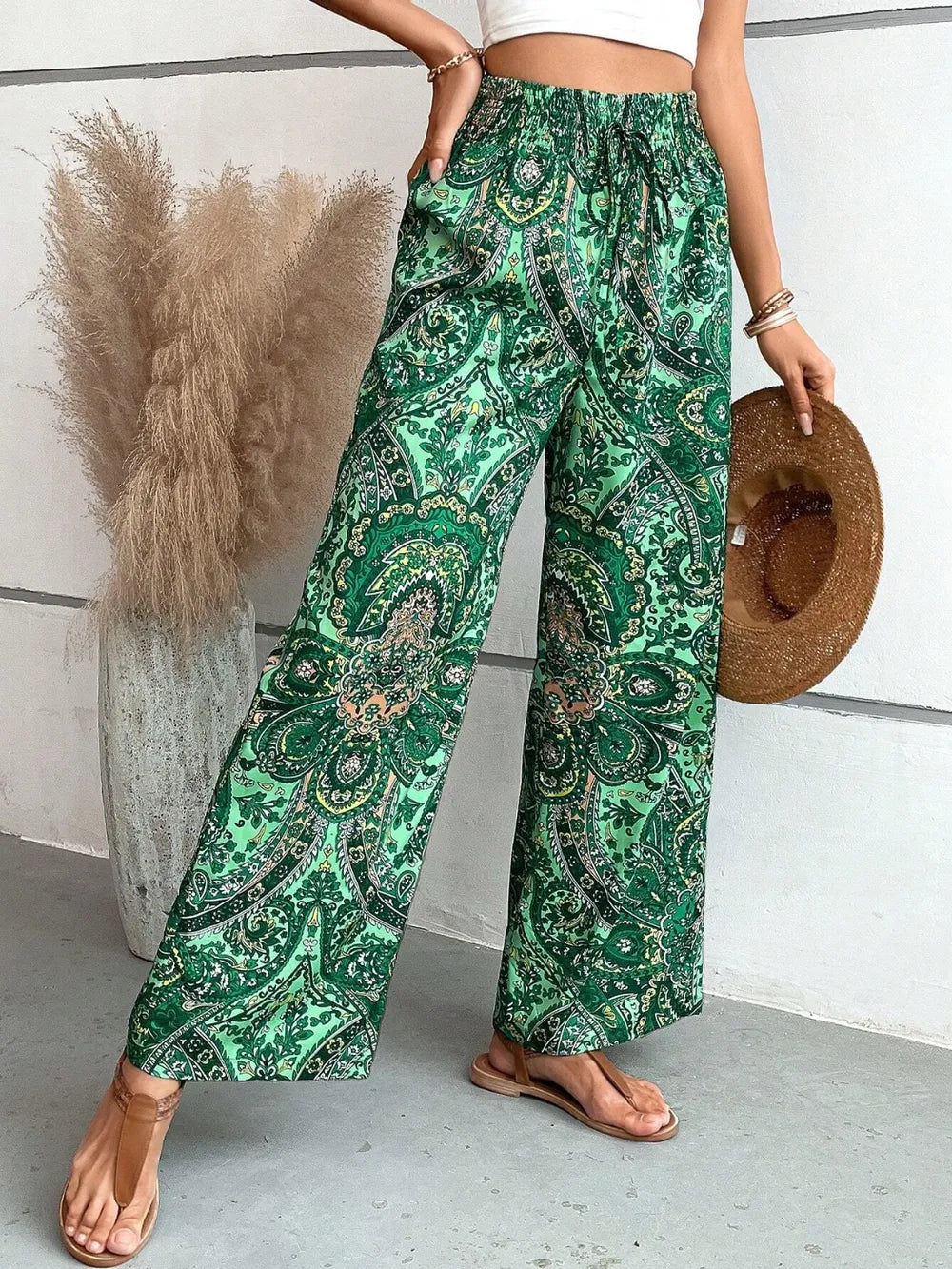 Printed tie waist wide leg pants styled outfit