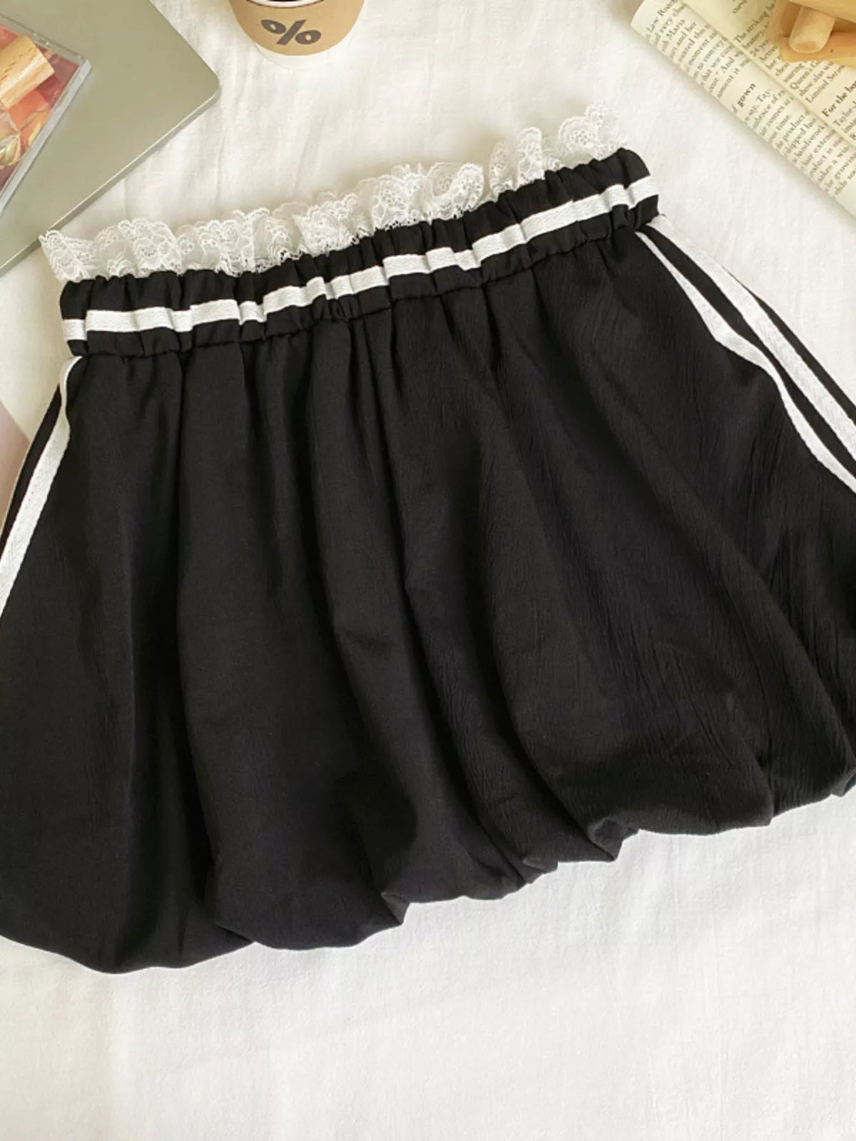 Lace trim elastic waist mini skirt full length look