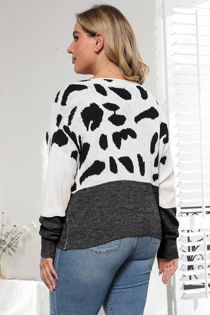 Plus Size Leopard Round Neck Long Sleeve Sweater - Fashorio