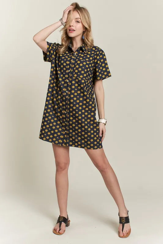 Floral Button Up Mini Denim Dress close up