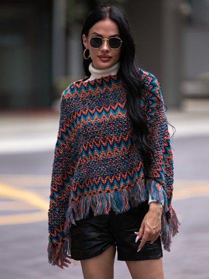 Shiny Fringe Hem Boat Neck Poncho Navy - Fashorio