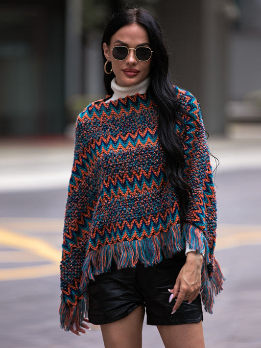 Shiny Fringe Hem Boat Neck Poncho Navy - Fashorio