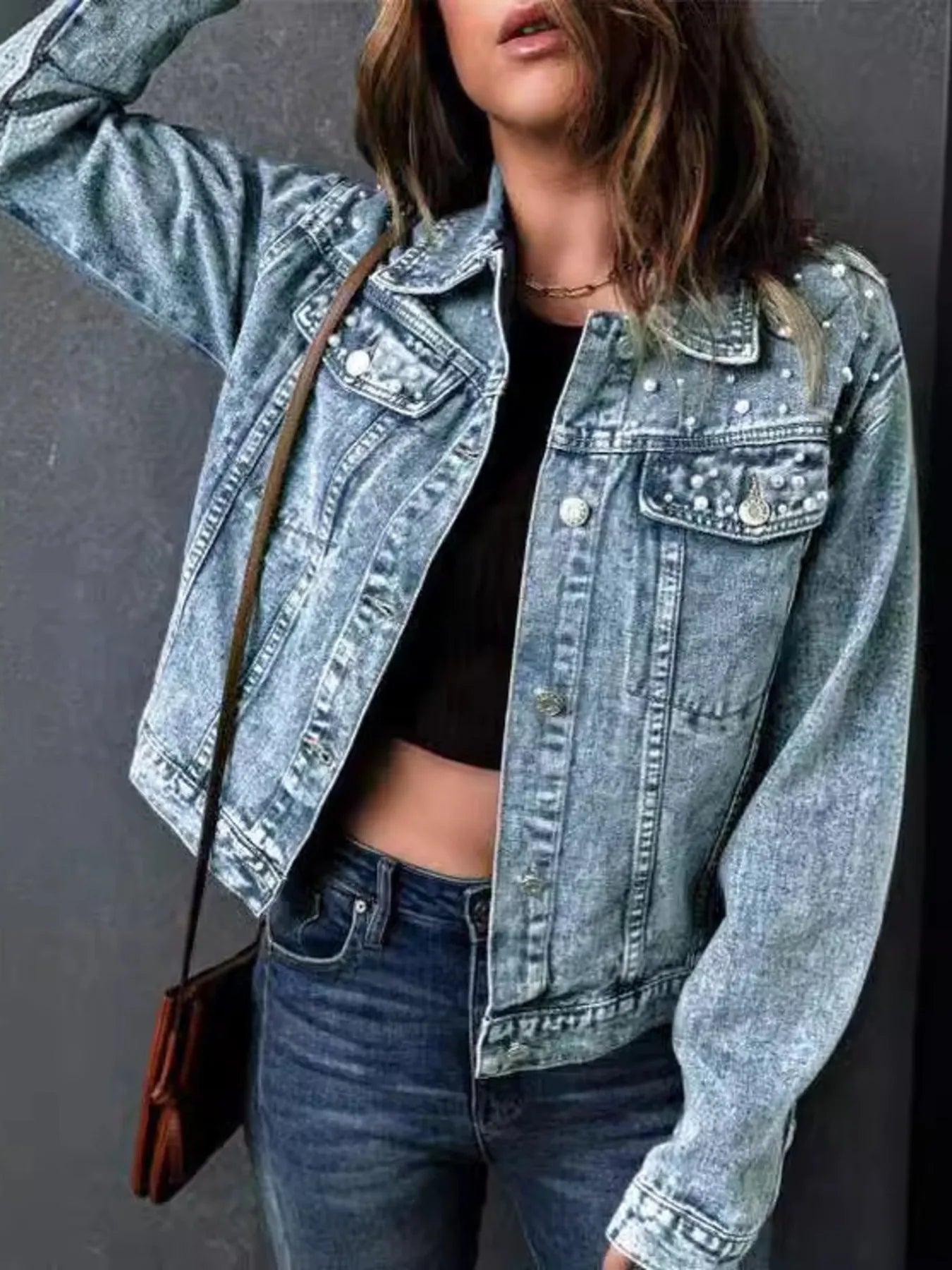 Full Size Pearl Detail Button Up Long Sleeve Denim Jacket Plus Size - Fashorio