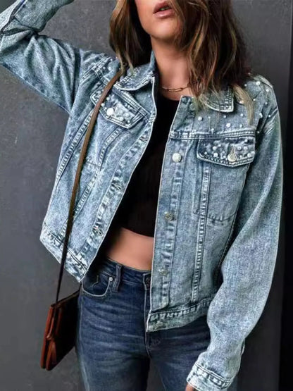 Full Size Pearl Detail Button Up Long Sleeve Denim Jacket Plus Size - Fashorio