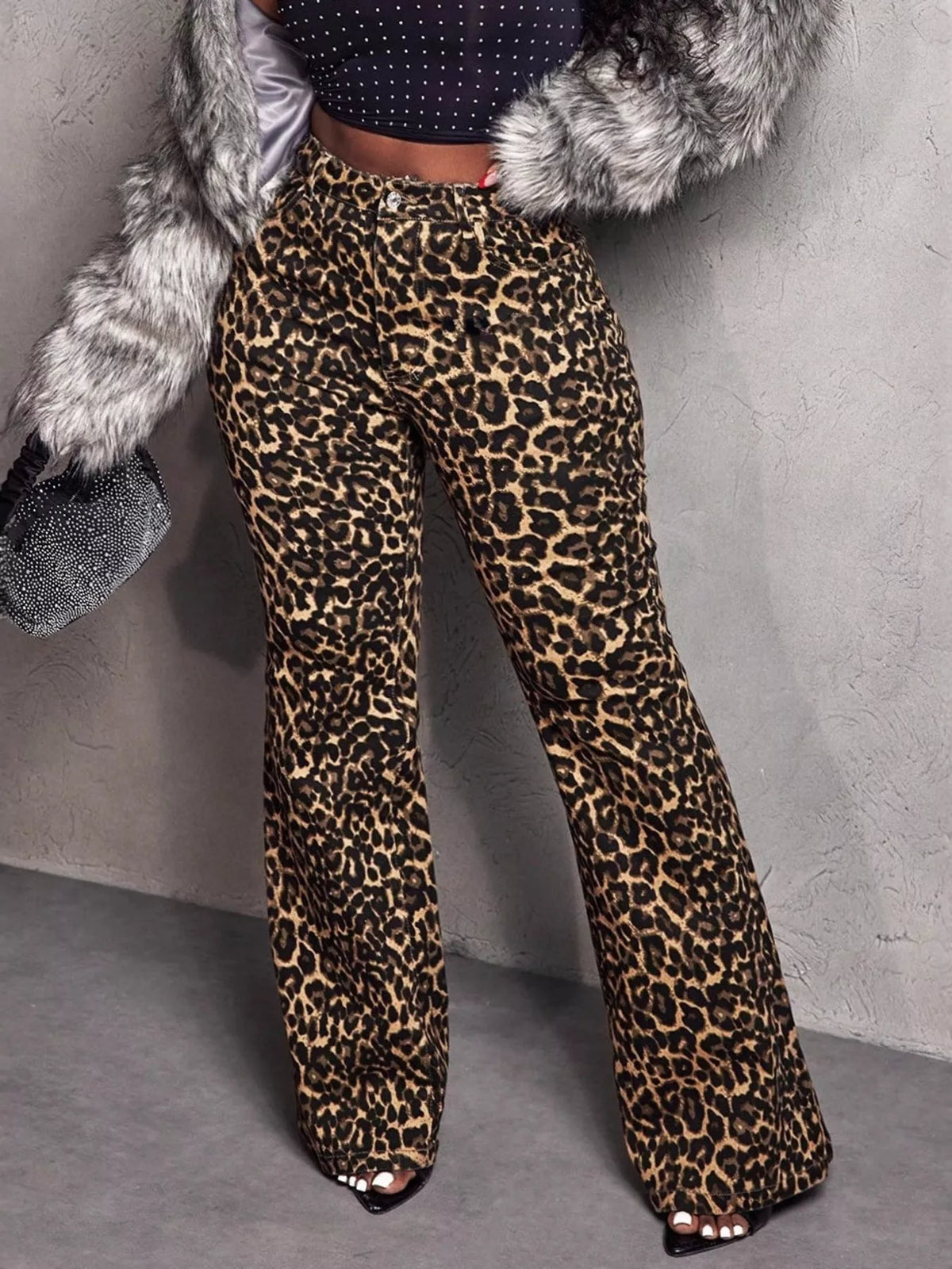 Leopard print wide leg pants side view