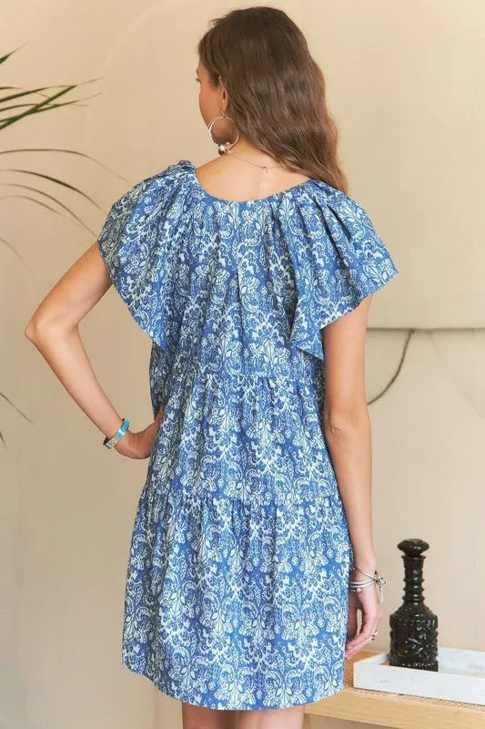 Floral Print Ruffle Sleeve Mini Dress in Denim Blue detail