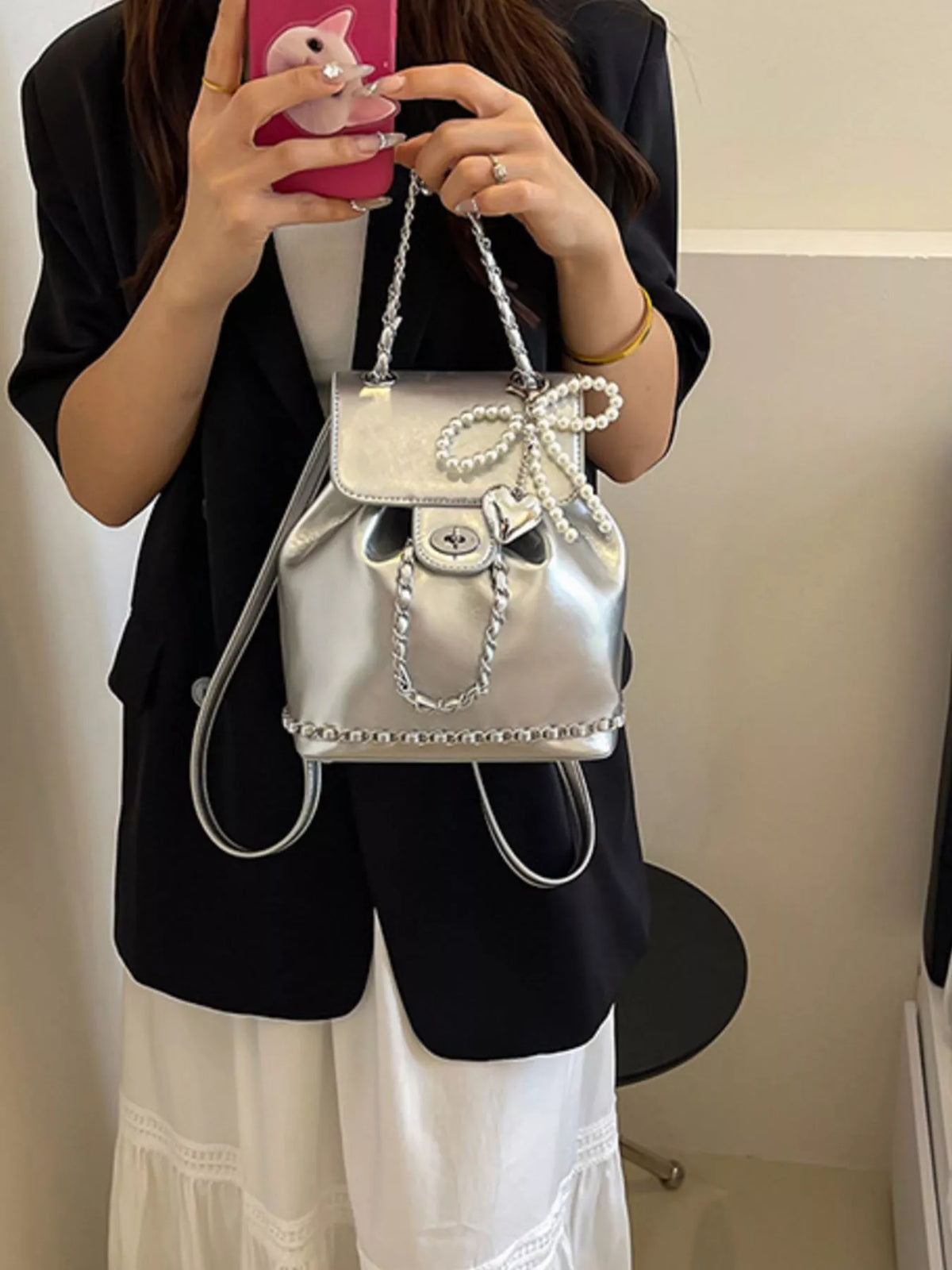 silver pearl mini backpack back view