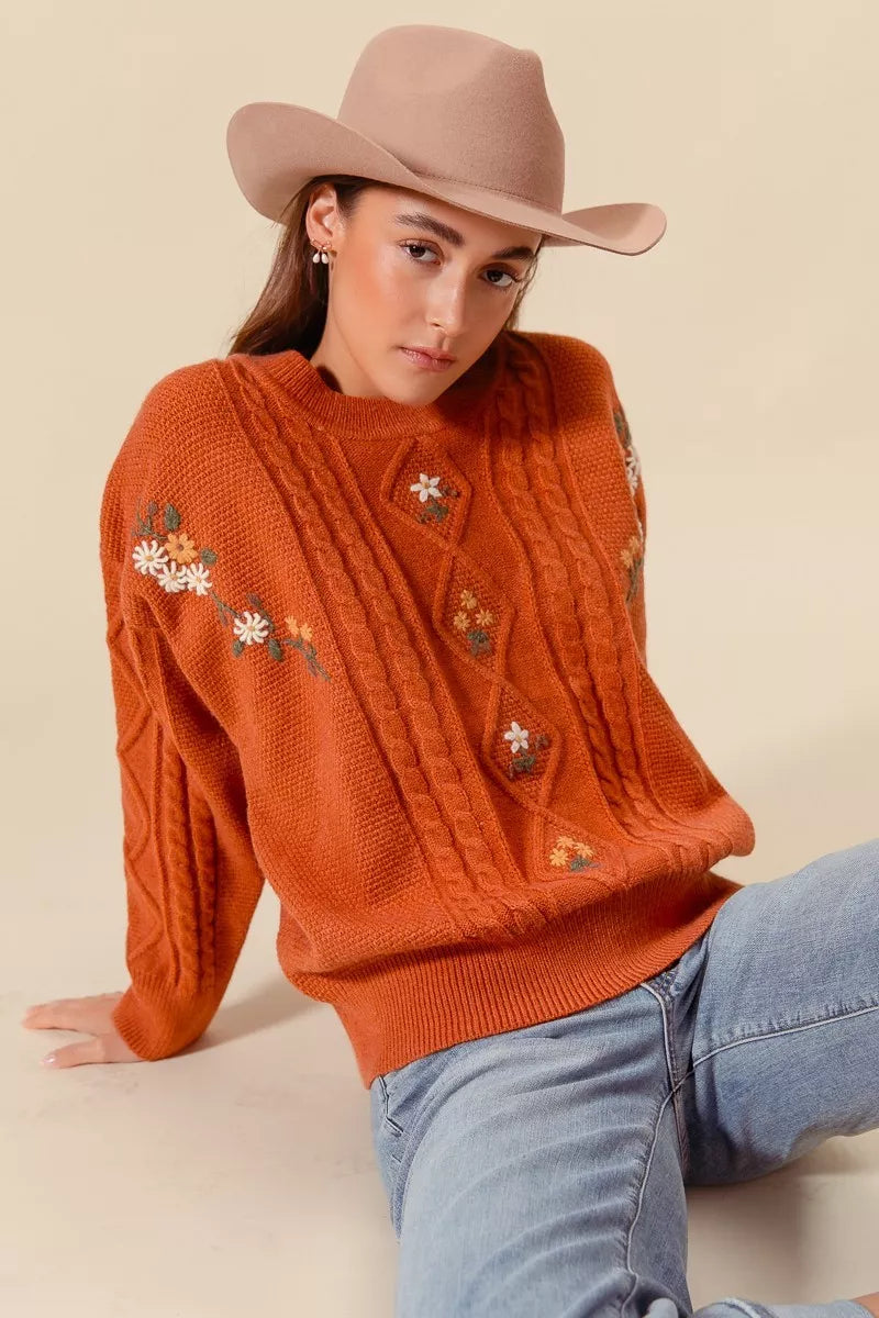 Embroidered Floral Cable Knit Sweater in Brick back view