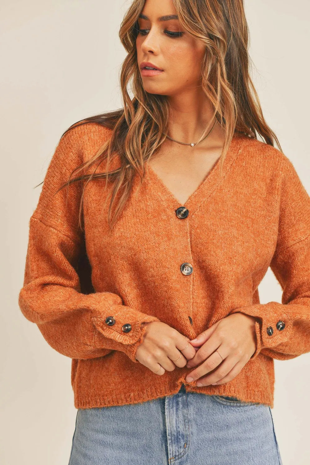 Button Down Long Sleeve Cardigan in Rust