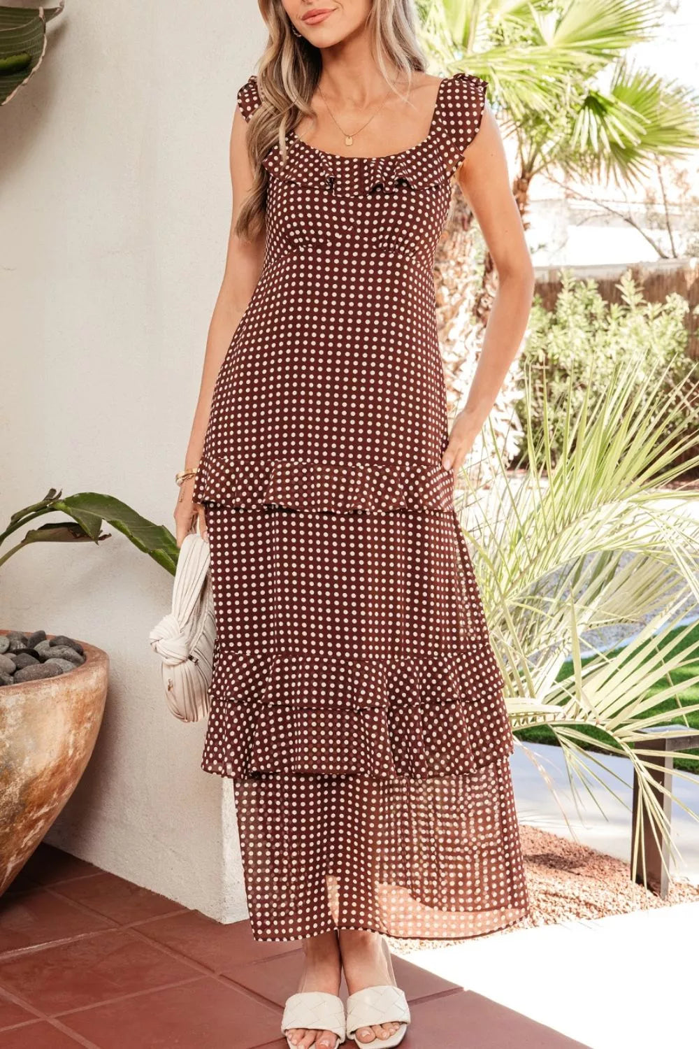 Caramel polka dot backless tiered maxi dress, neckline and bodice detail