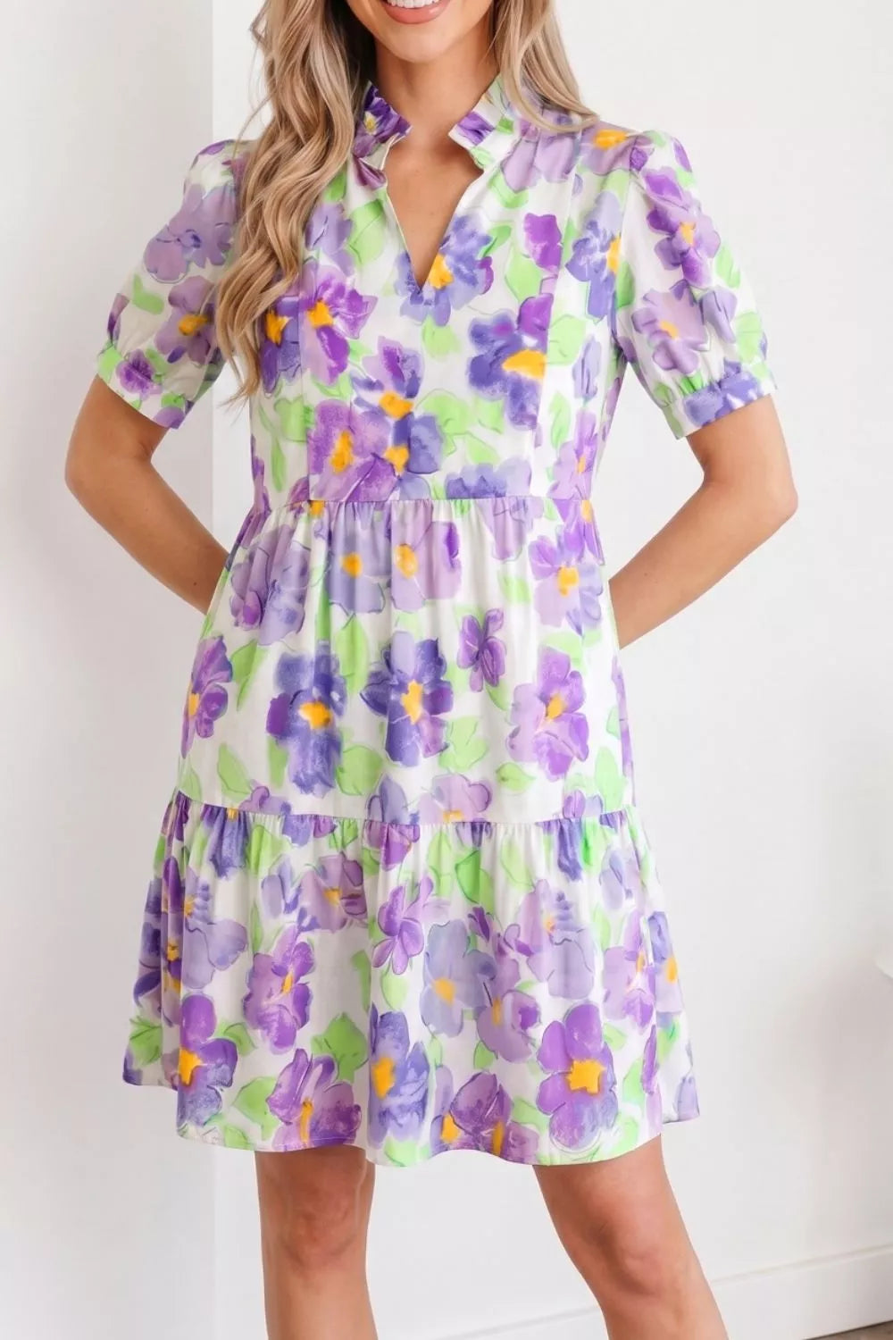Lilac floral V collar tiered ruffle mini dress back view