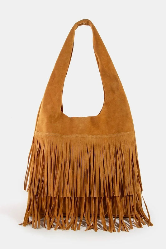 Fame Layered Fringe Detail Suede Hobo Bag LBR One Size - Fashorio