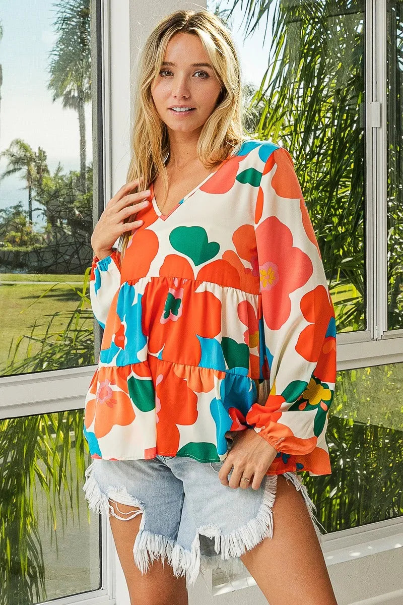 BiBi Floral Woven Tiered V Neck Top - Fashorio