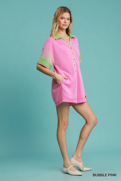 Umgee Contrast Trim Button Front Romper - Fashorio