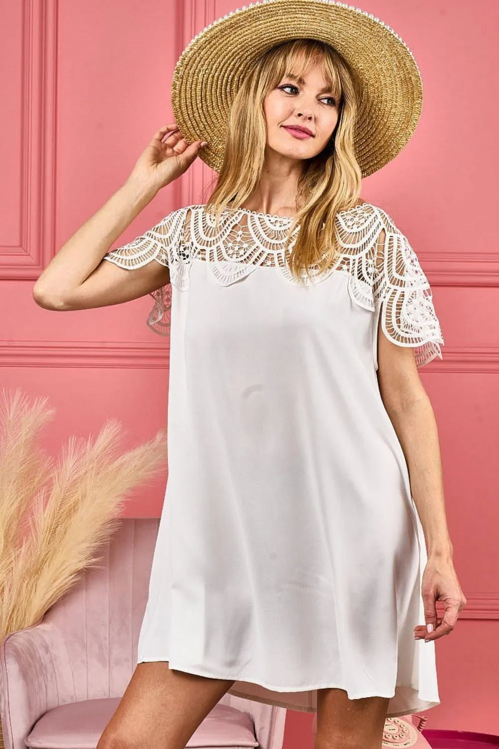 Crochet Lace Yoke Dress in Ivory
