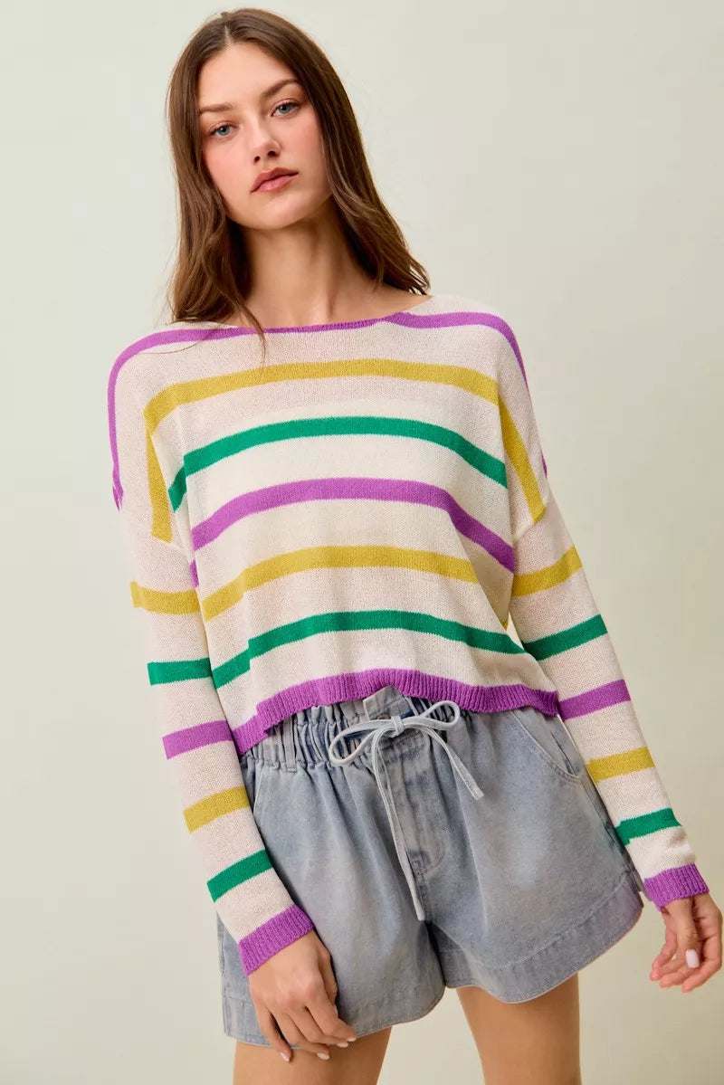 Multi Color Stripe Lightweight Sweater Top in Ivory