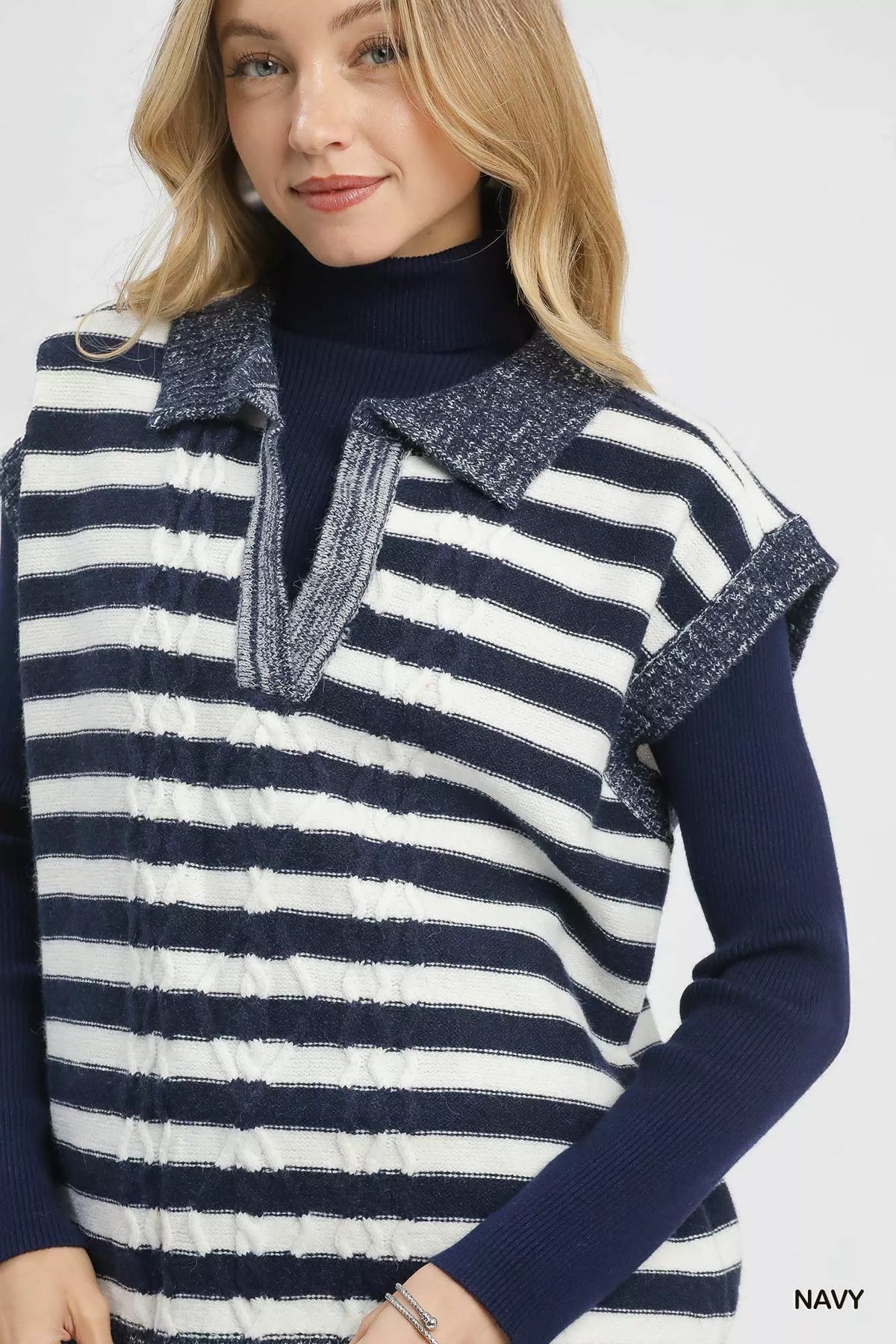 Cable Knit Collared Striped Sweater Vest in Navy on model
