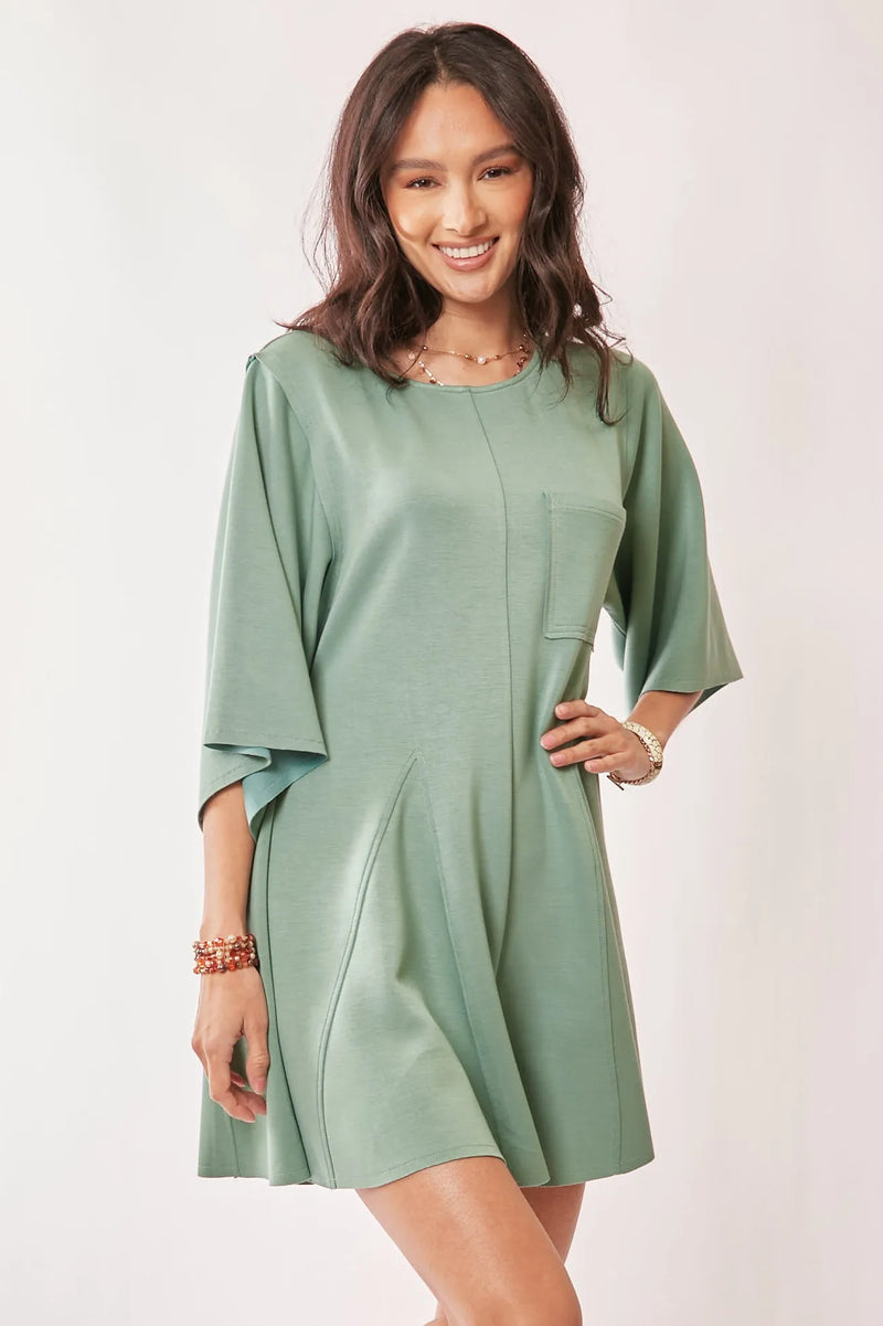 Sage green draped sleeve skort romper front view