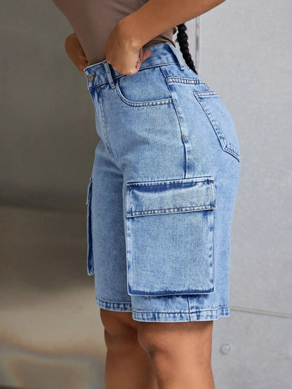High-Waisted Cargo Denim Shorts - Fashorio