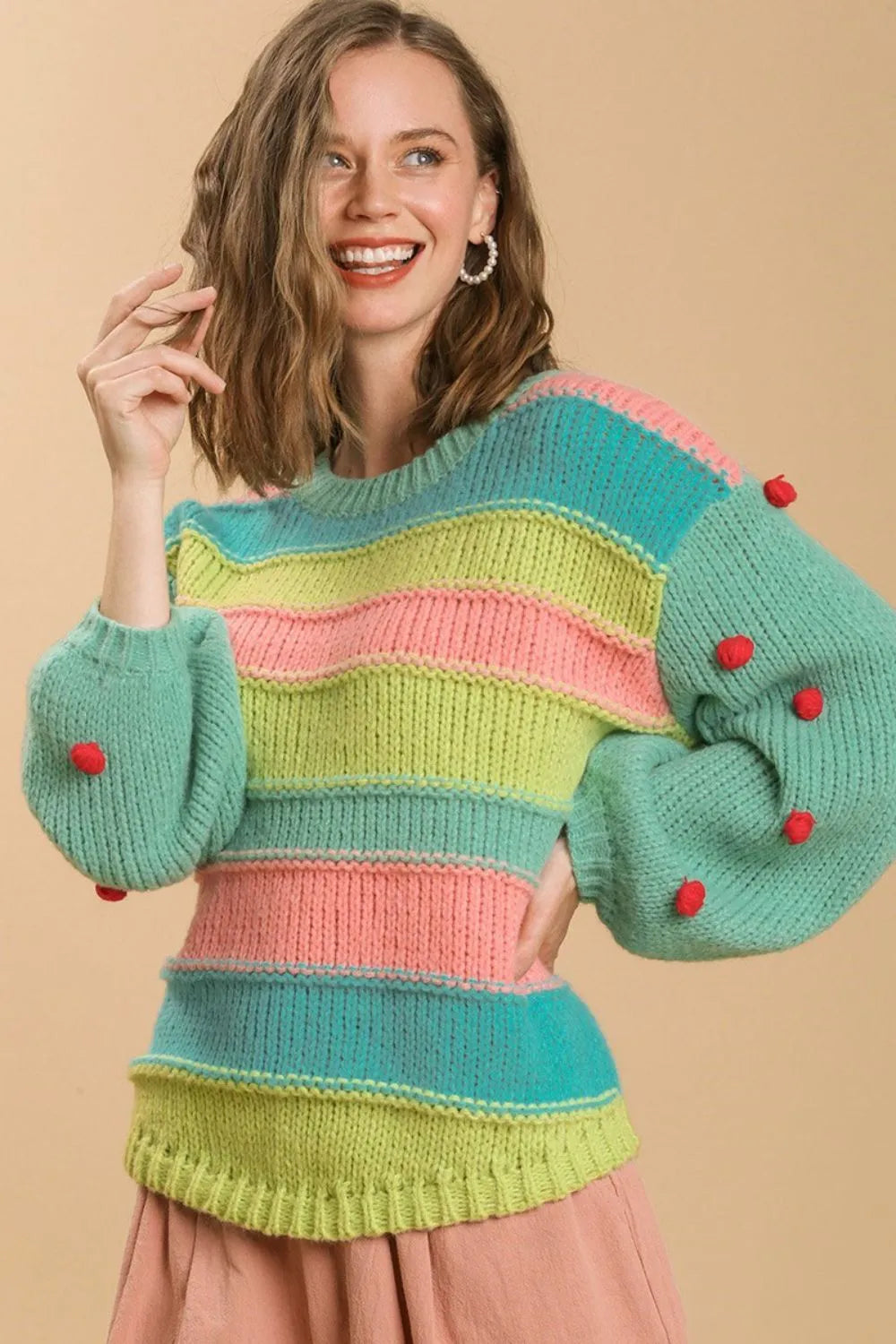 Color Block Cable Knit Pom Pom Sweater Plus Size in Emerald