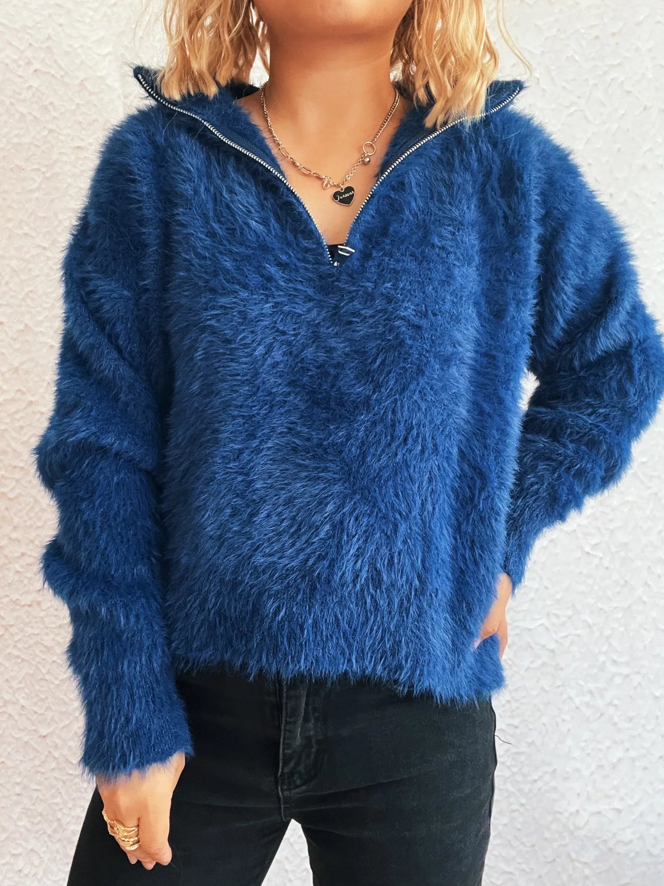 Cozy Fuzzy Half-Zip Sweater Blue One Size - Fashorio