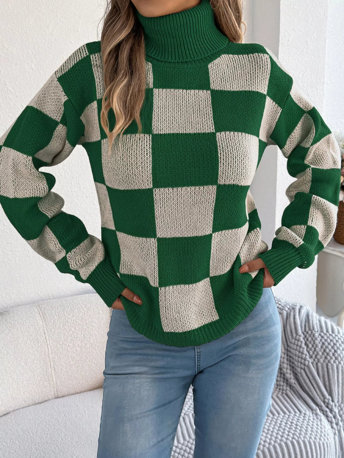 Checkered Turtleneck Long Sleeve Sweater on model