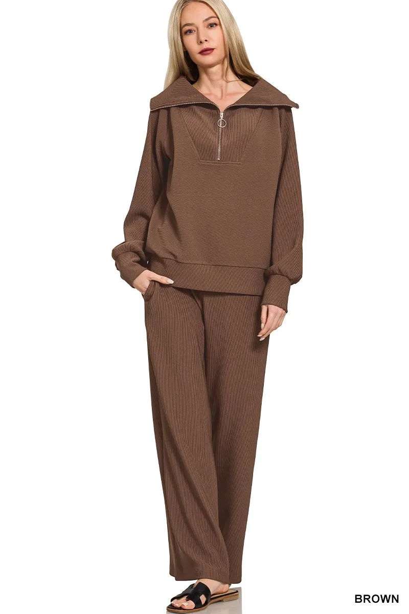 Zenana Ribbed High Neck Half Zip Pullover & Pants Set - Fashorio