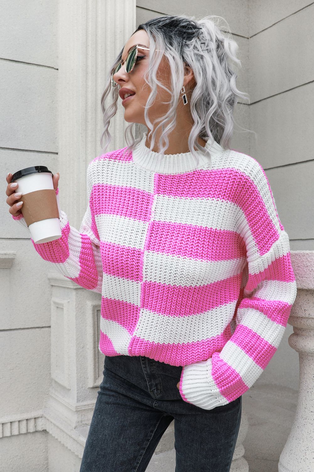 Color Block Dropped Shoulder Sweater - Fashorio