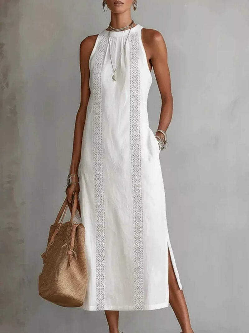 Sleeveless lace trim midi dress front view on model