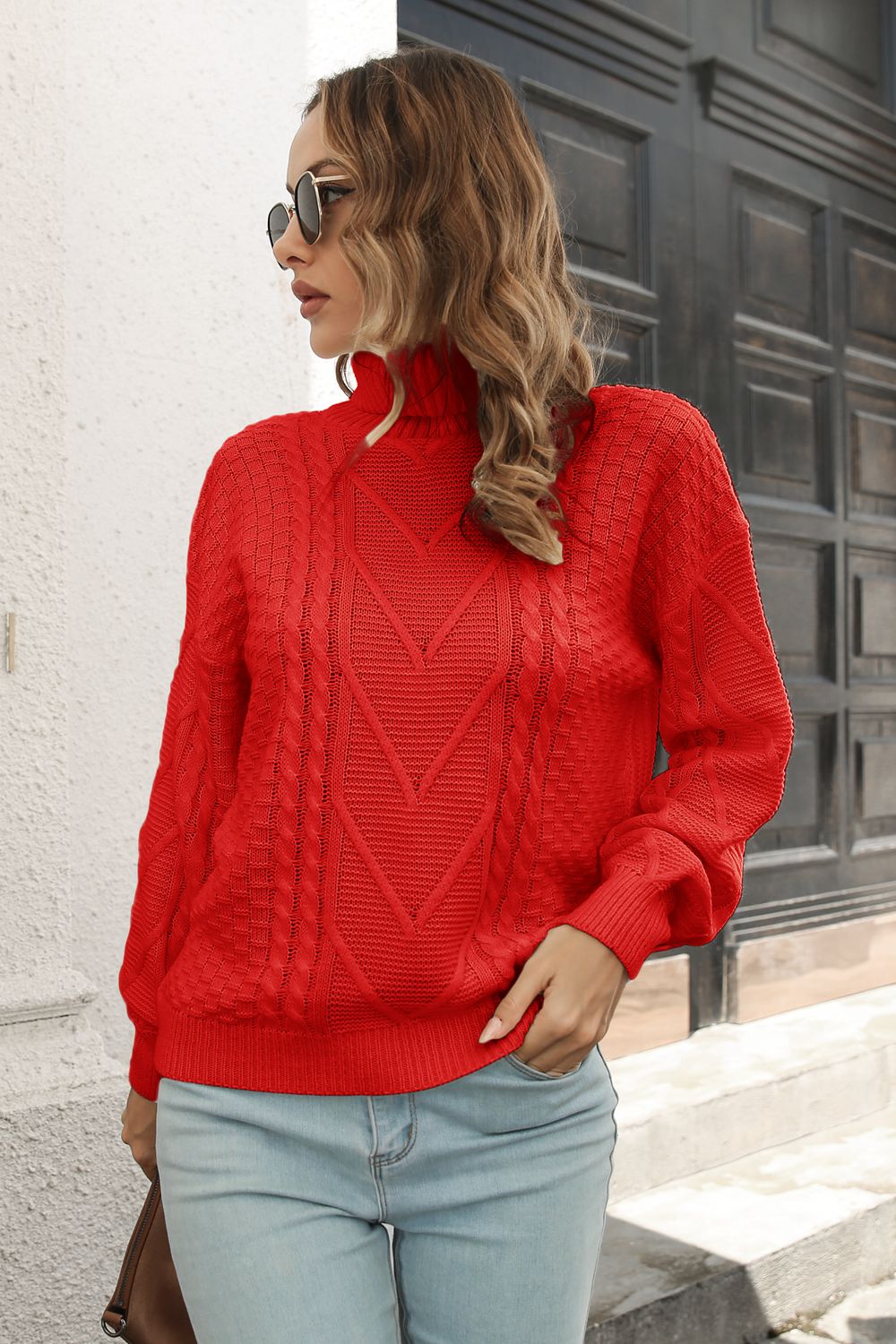 Cable-Knit Turtleneck Sweater Red - Fashorio
