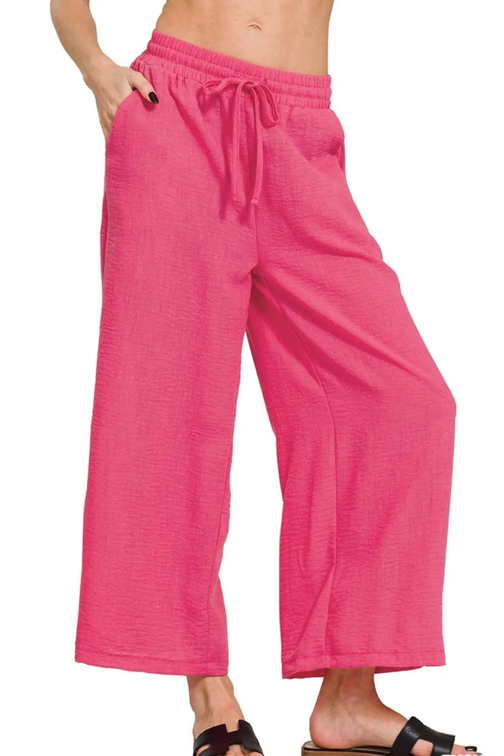 Zenana Woven Crepe Elastic Band Waist Cropped Pants - Fashorio