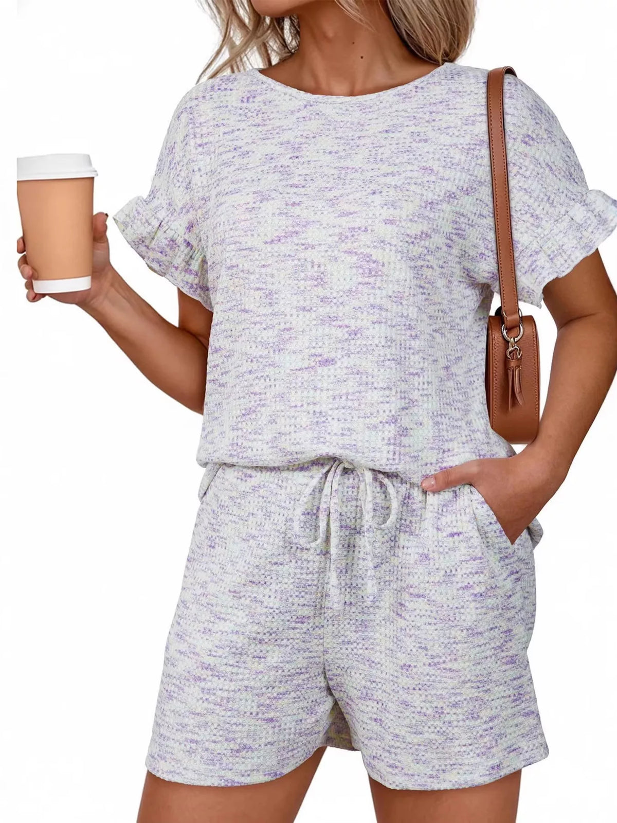 Ruffle Sleeve Textured Top and Shorts Set, view 27