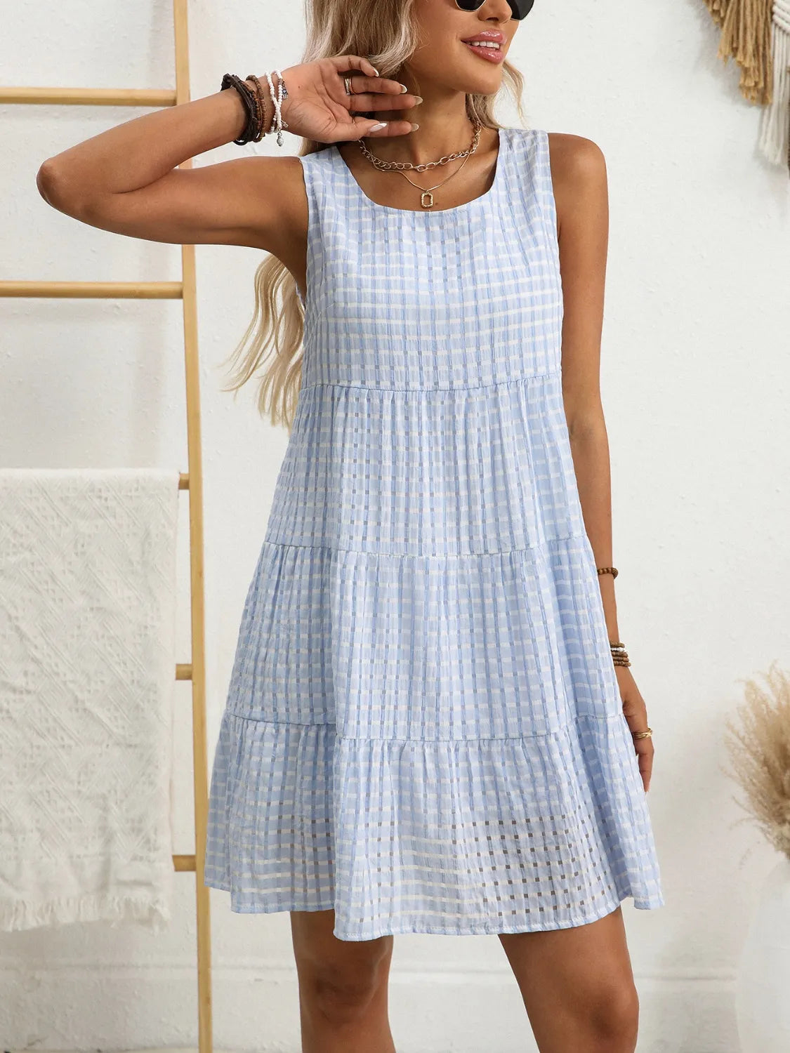 Plaid Round Neck Sleeveless Mini Dress in Light Blue back view