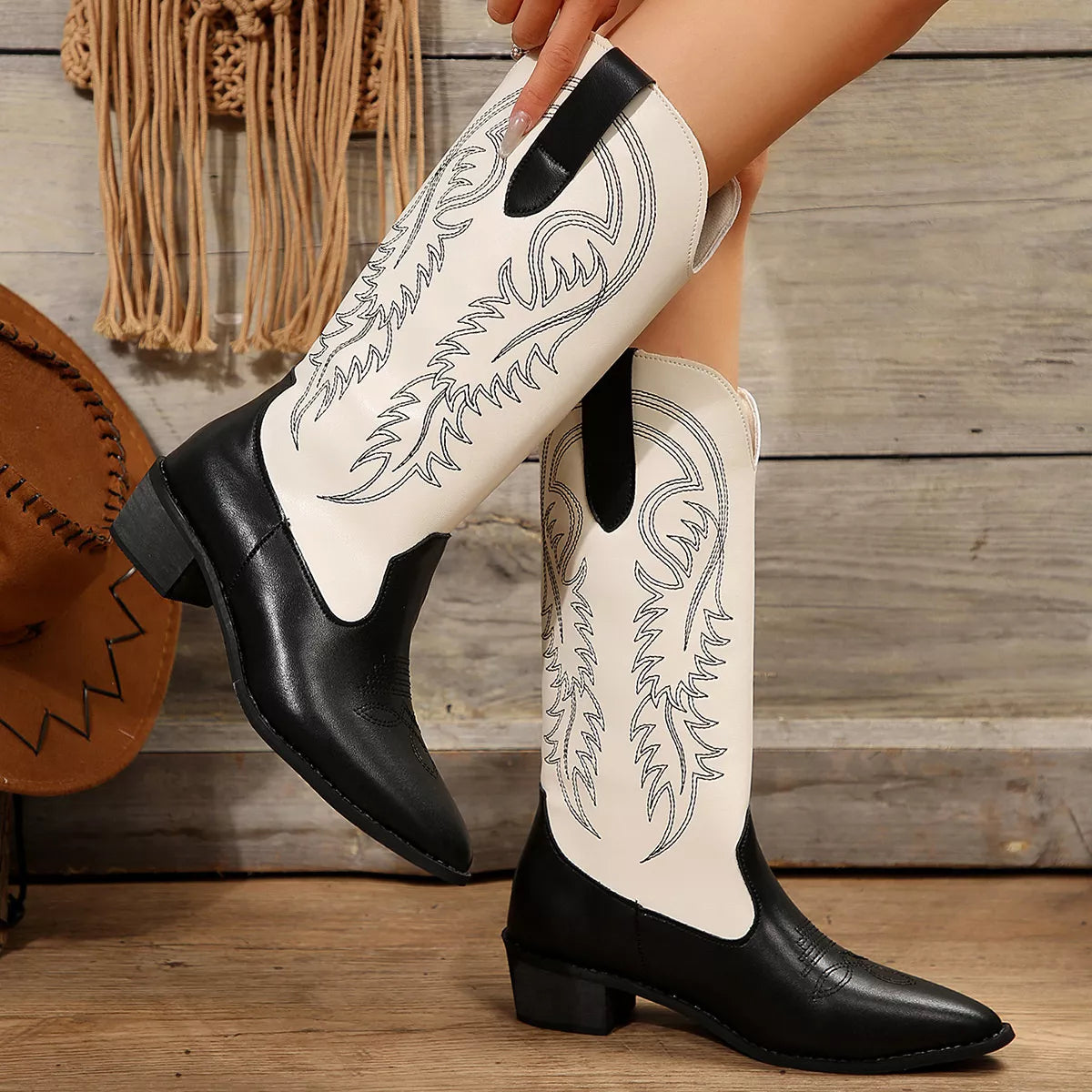 White block heel boots side profile