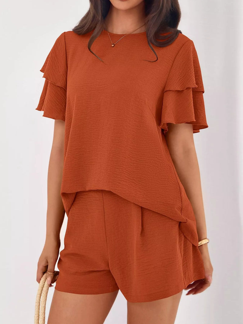 Ruffle sleeve top and shorts two piece set front view