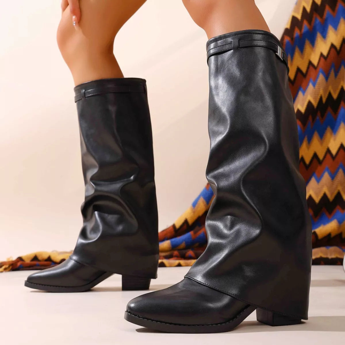 Pointed toe block heel boots back view