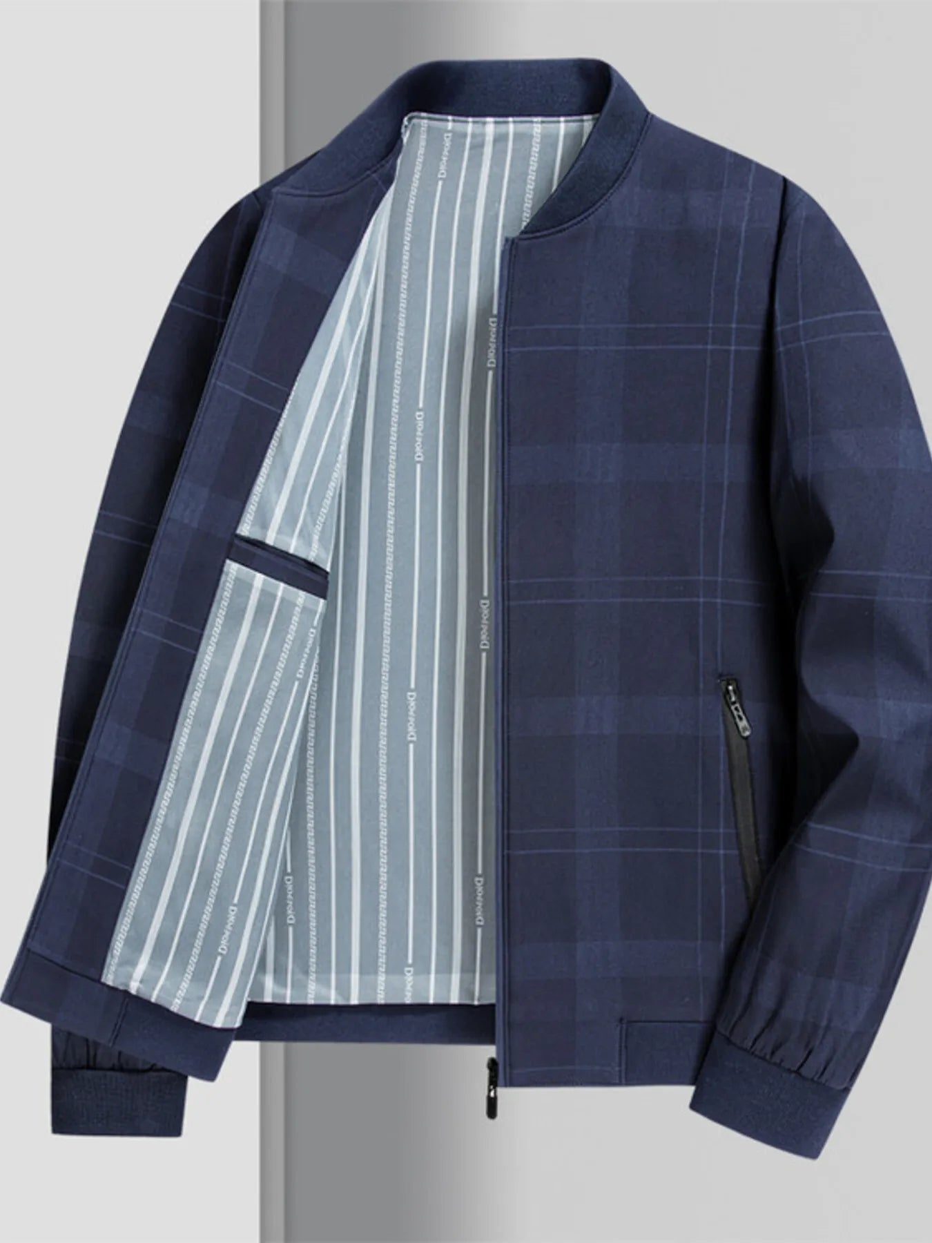 Men's Plus Size Zip Up Long Sleeve Jacket Navy Blue - Fashorio