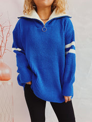 Ribbed Two-Tone Half Zip Sweater Royal Blue - Fashorio